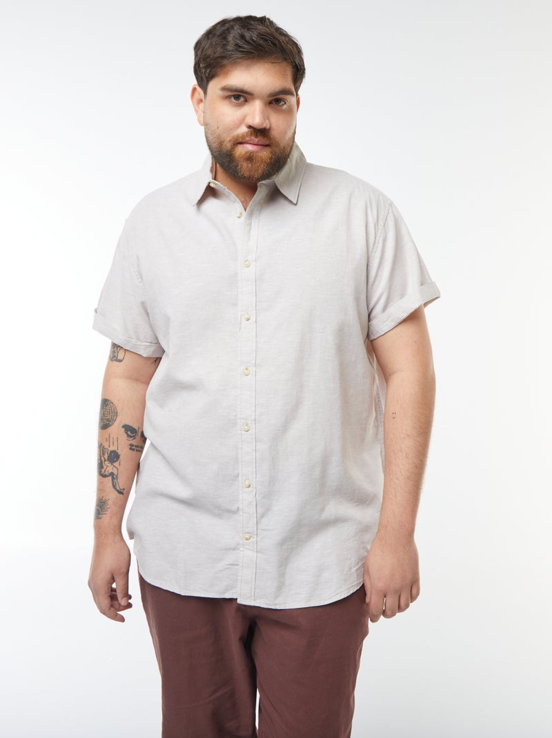 Chemise unie à manches courtes en lin mélangé BEIGE - Kiabi