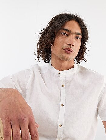 Chemise unie à manches courtes et col mao en lin mélangé