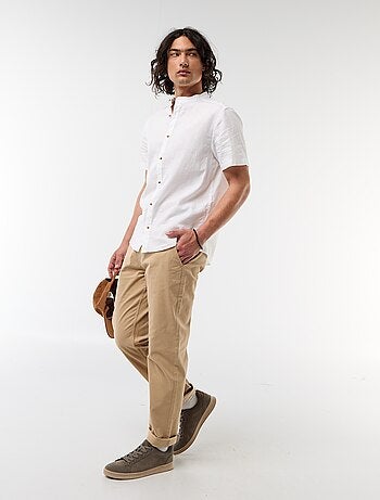 Chemise unie à manches courtes et col mao en lin mélangé