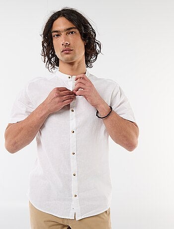 Chemise unie à manches courtes et col mao en lin mélangé