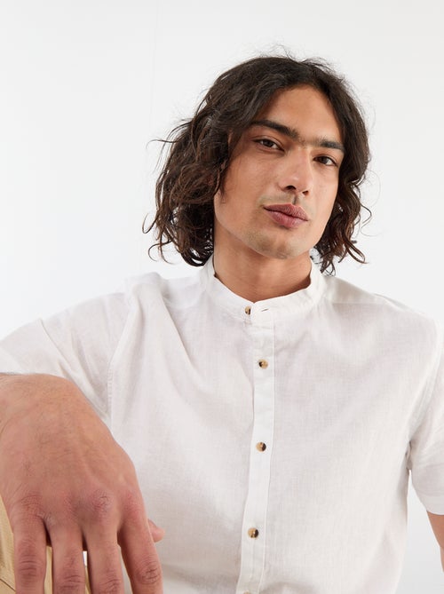 Chemise unie à manches courtes et col mao en lin mélangé - Kiabi