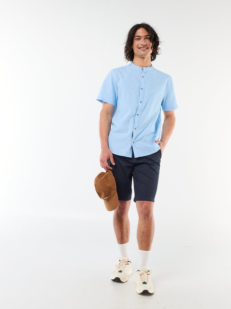 Chemise unie à manches courtes et col mao en lin mélangé Bleu - Kiabi