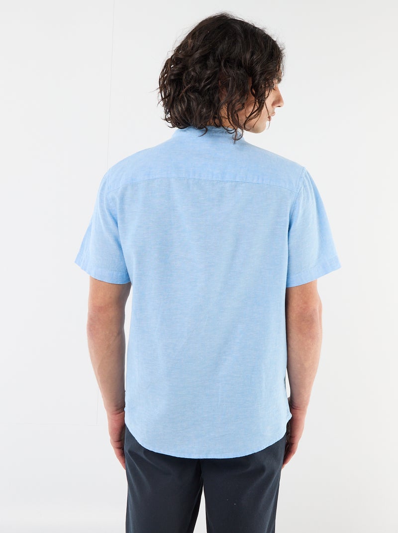 Chemise unie à manches courtes et col mao en lin mélangé Bleu - Kiabi