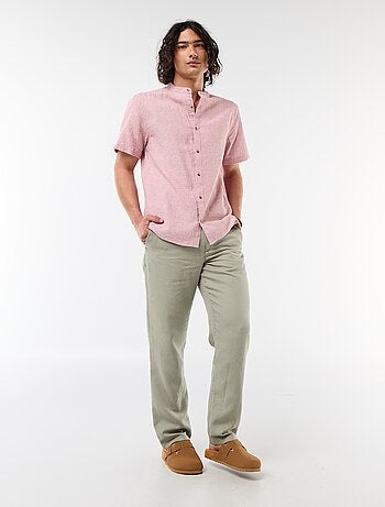Chemise unie à manches courtes et col mao en lin mélangé