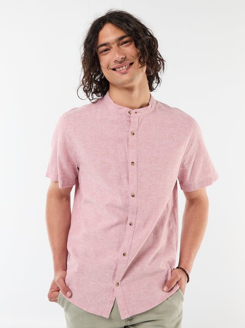 Chemise unie à manches courtes et col mao en lin mélangé - Kiabi