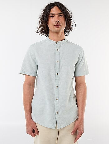 Chemise unie à manches courtes et col mao en lin mélangé