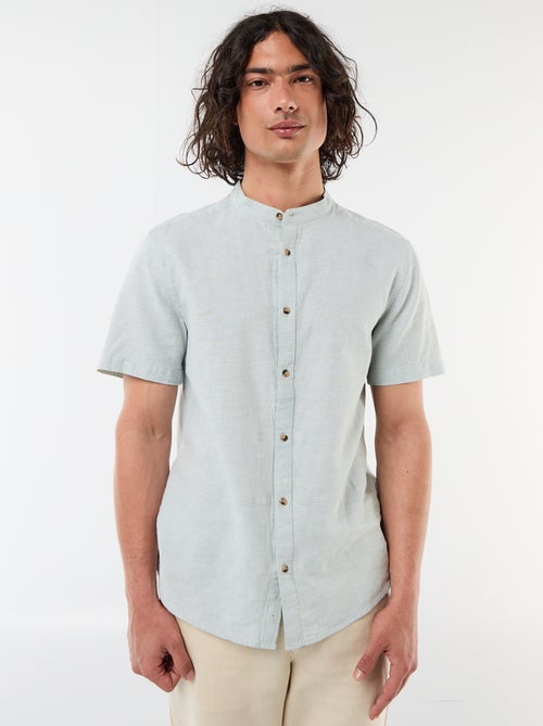 Chemise unie à manches courtes et col mao en lin mélangé - Kiabi