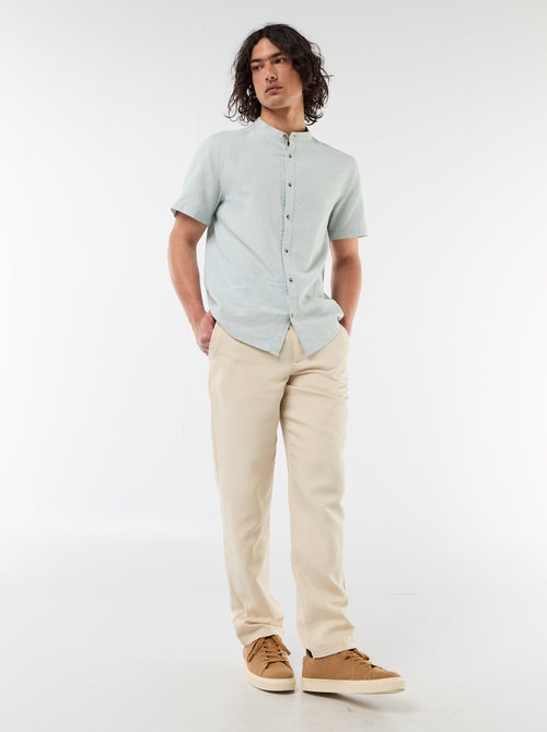 Chemise unie à manches courtes et col mao en lin mélangé - Kiabi