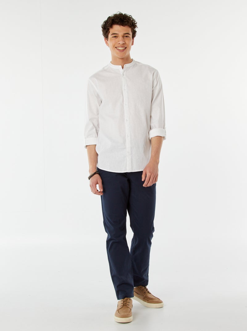 Chemise unie avec col mao et manches retroussables blanc - Kiabi