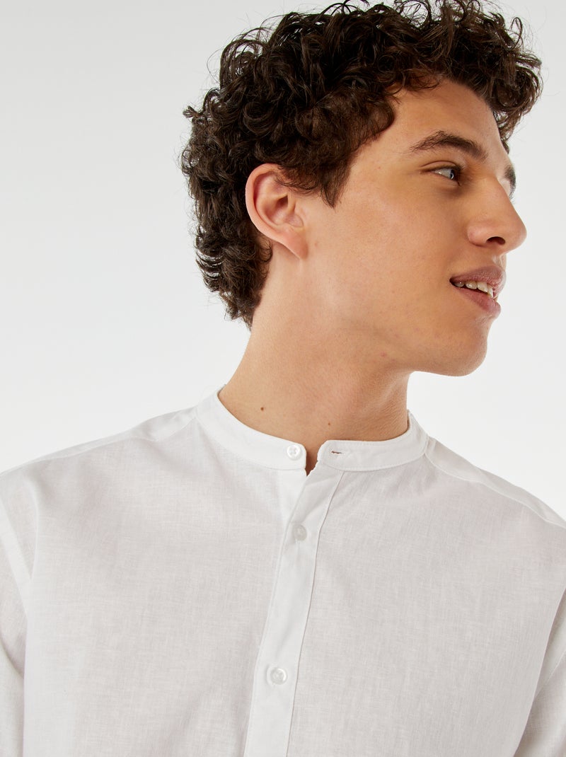 Chemise unie avec col mao et manches retroussables blanc - Kiabi