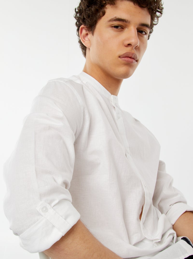 Chemise unie avec col mao et manches retroussables blanc - Kiabi