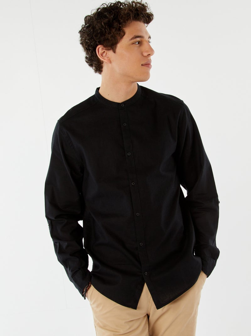 Chemise unie avec col mao et manches retroussables noir - Kiabi