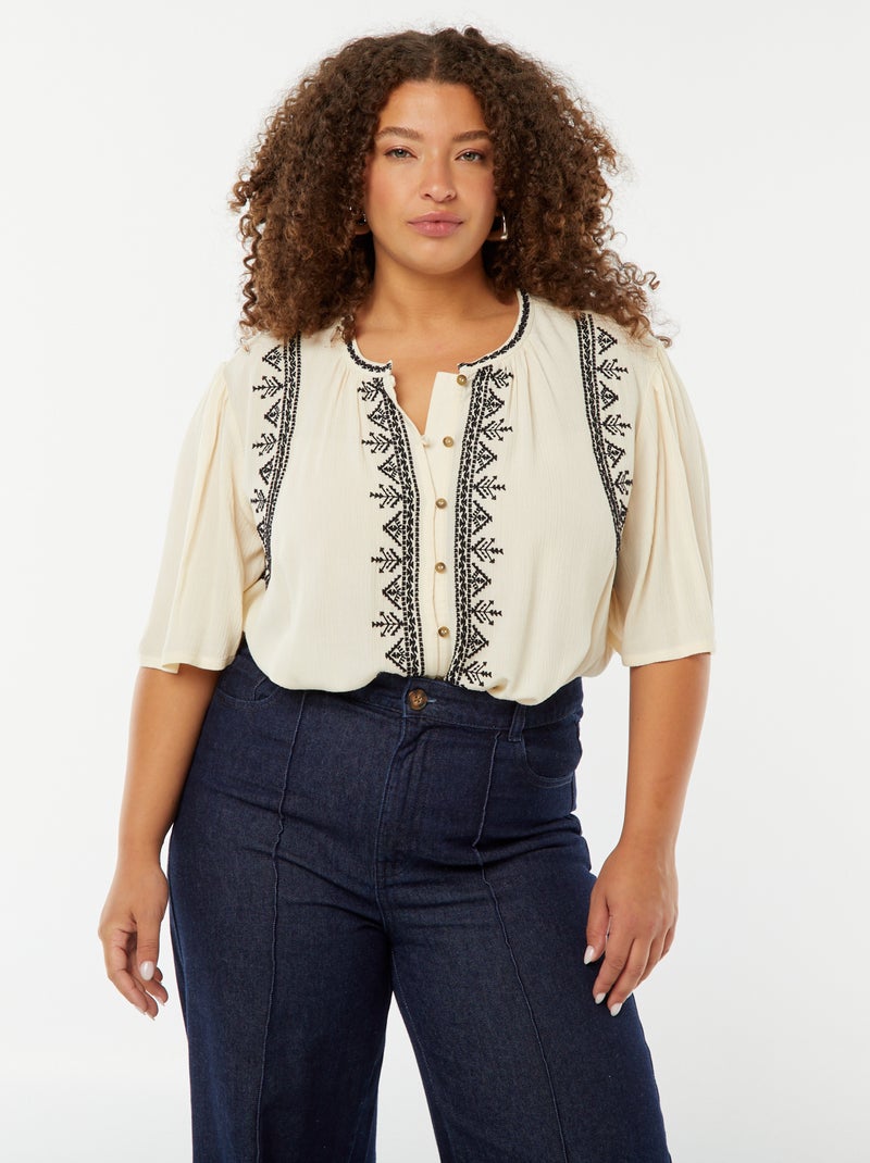 Chemisier à manches courtes avec broderies Beige - Kiabi