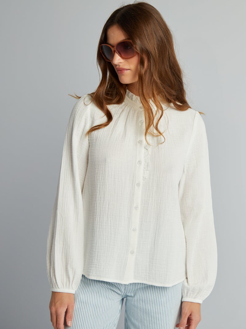 Chemisier à volants en double gaze de coton blanc Kiabi