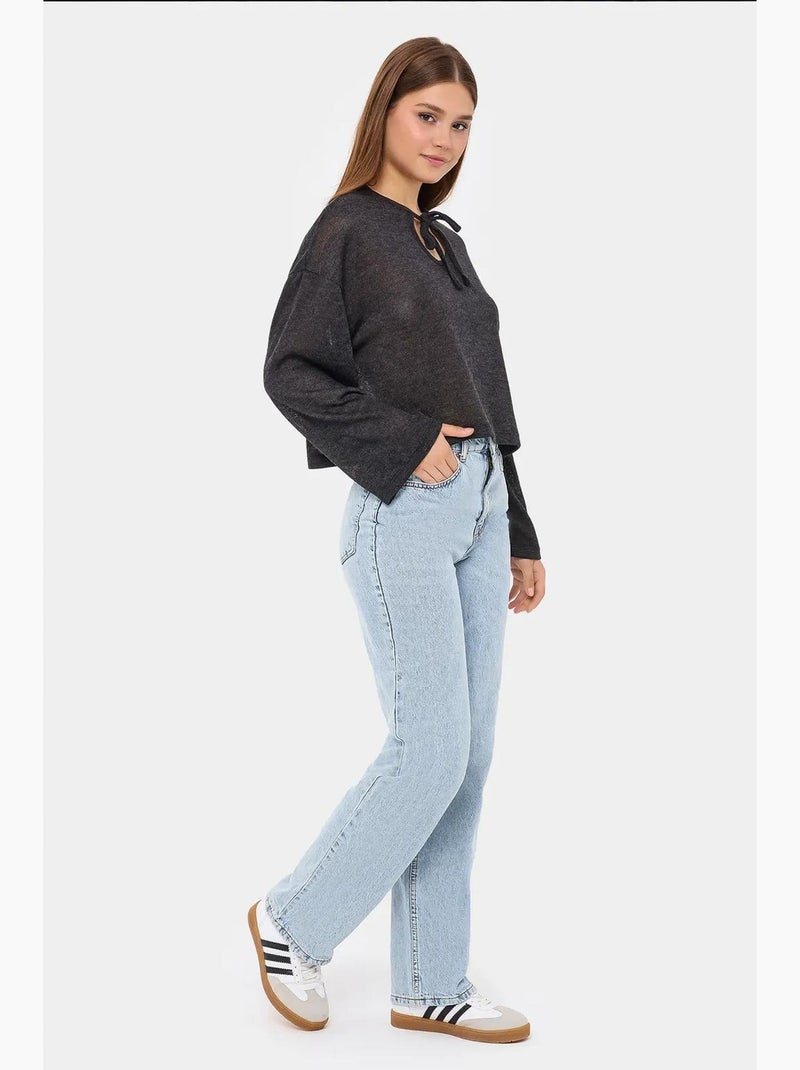 Chemisier ample en tricot à col rond avec détails noués hiccup Gris - Kiabi