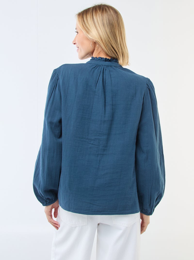 Chemisier en gaze de coton avec bords ondulés Bleu - Kiabi