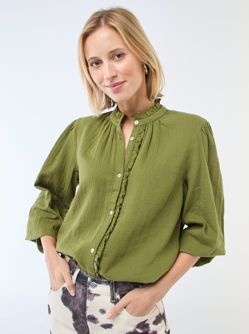 Chemisier en gaze de coton avec bords ondulés - Kiabi Chemisier en gaze de coton avec bords ondulés - Kiabi