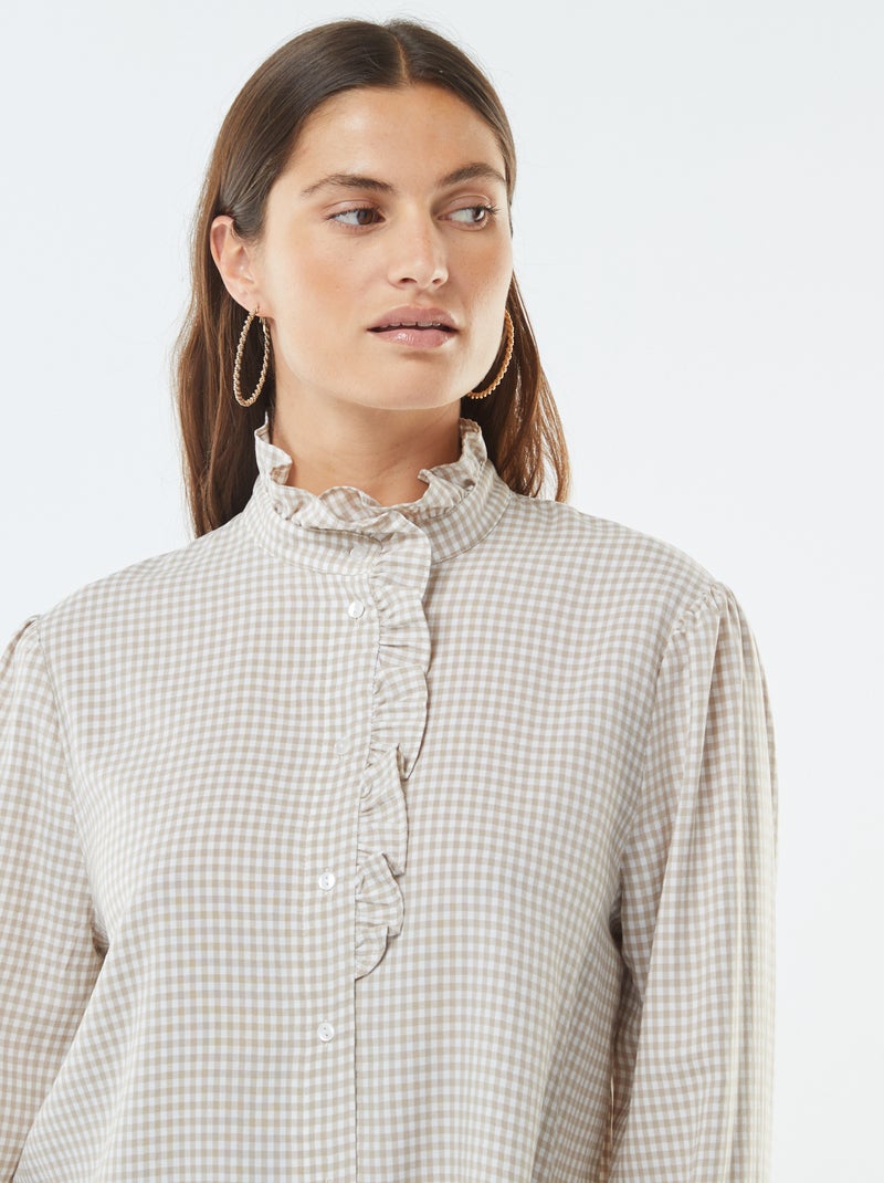 Chemisier à Carreaux Vichy Femme Avec Nœuds - Style Peplum Et Manches Ballon - Léger Et Estival