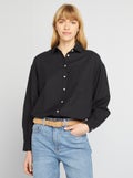 Chemisier long avec poche poitrine avec 20% de lin noir - Kiabi