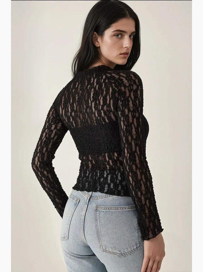 Chemisier slim à col ras du cou en guipure de dentelle hiccup Noir - Kiabi
