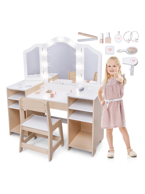 Coiffeuse enfant bois avec chaise grand miroir led & accessoires, bureau enfant - Kiabi