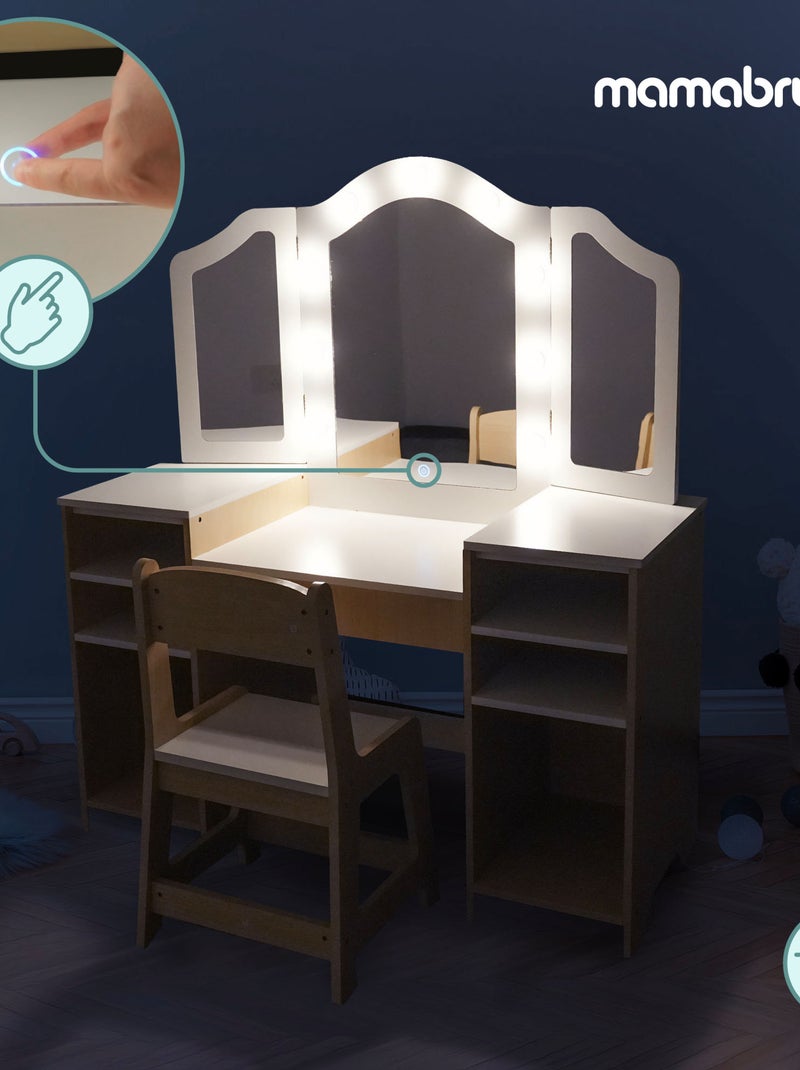 Coiffeuse enfant bois avec chaise grand miroir led & accessoires, bureau enfant N/A - Kiabi