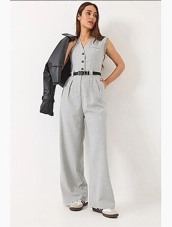 Combinaison à col en v et ceinture à jambes larges avec poches bianco lucci