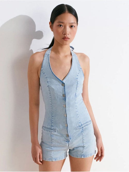 Combinaison courte en denim à col halter dilvin - Kiabi Combinaison courte en denim à col halter dilvin - Kiabi