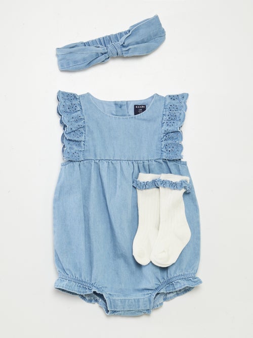 Combinaison en denim avec chaussettes et bandeau assortis - 3 pièces - Kiabi