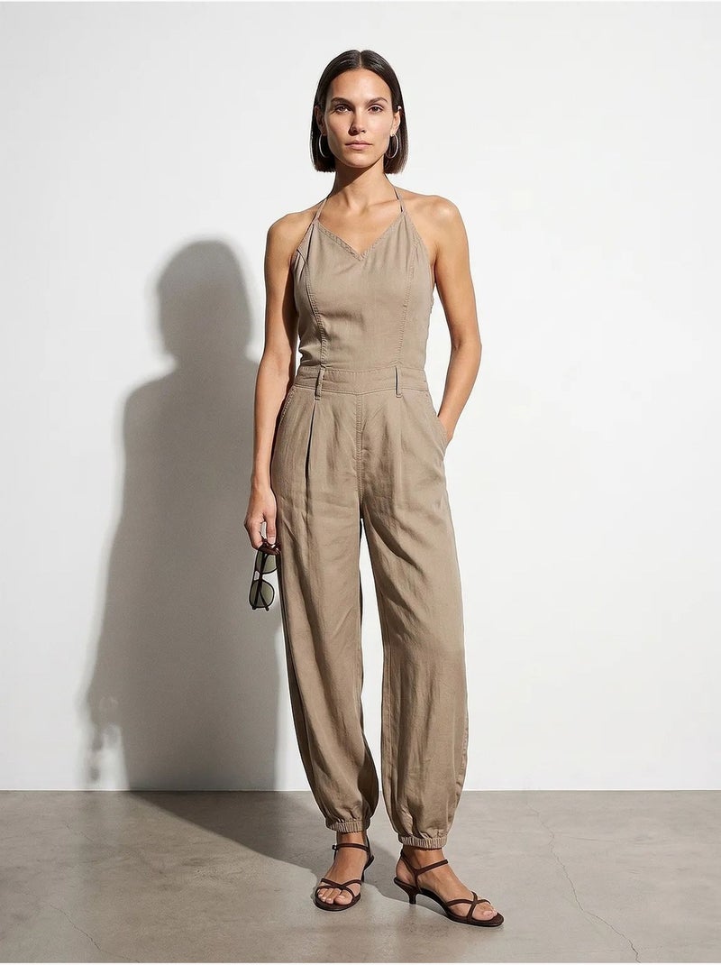 Combinaison longue en tencel à col halter dilvin Beige argile - Kiabi