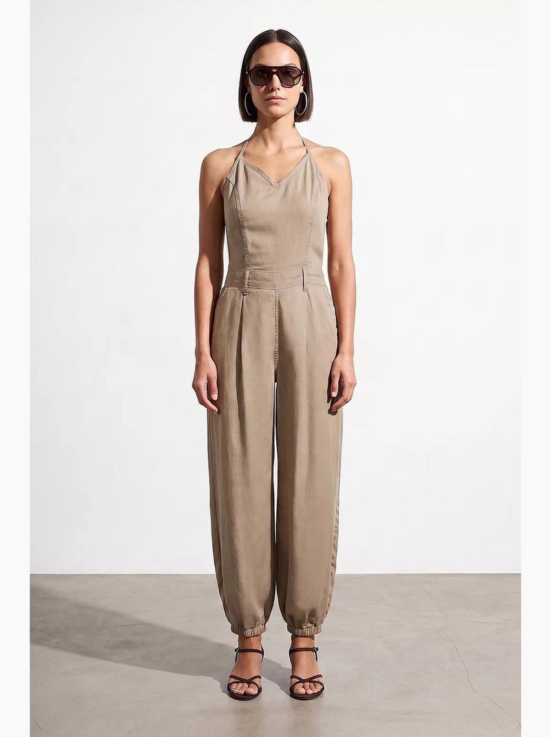 Combinaison longue en tencel à col halter dilvin Beige argile - Kiabi