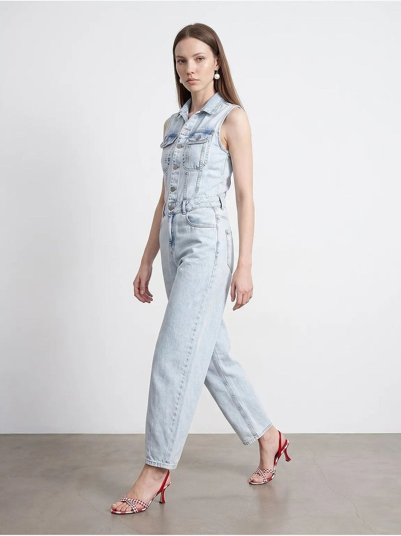 Combinaison salopette en denim de coton, jambe droite dilvin Bleu clair - Kiabi