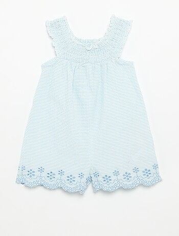 Combinaison short rayée en seersucker avec smock et broderies