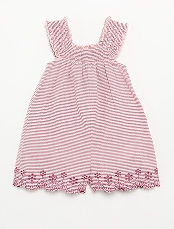 Combinaison short rayée en seersucker avec smock et broderies