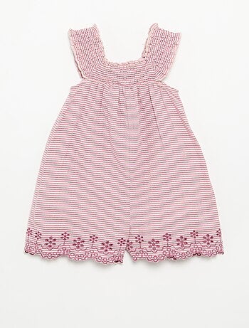 Combinaison short rayée en seersucker avec smock et broderies