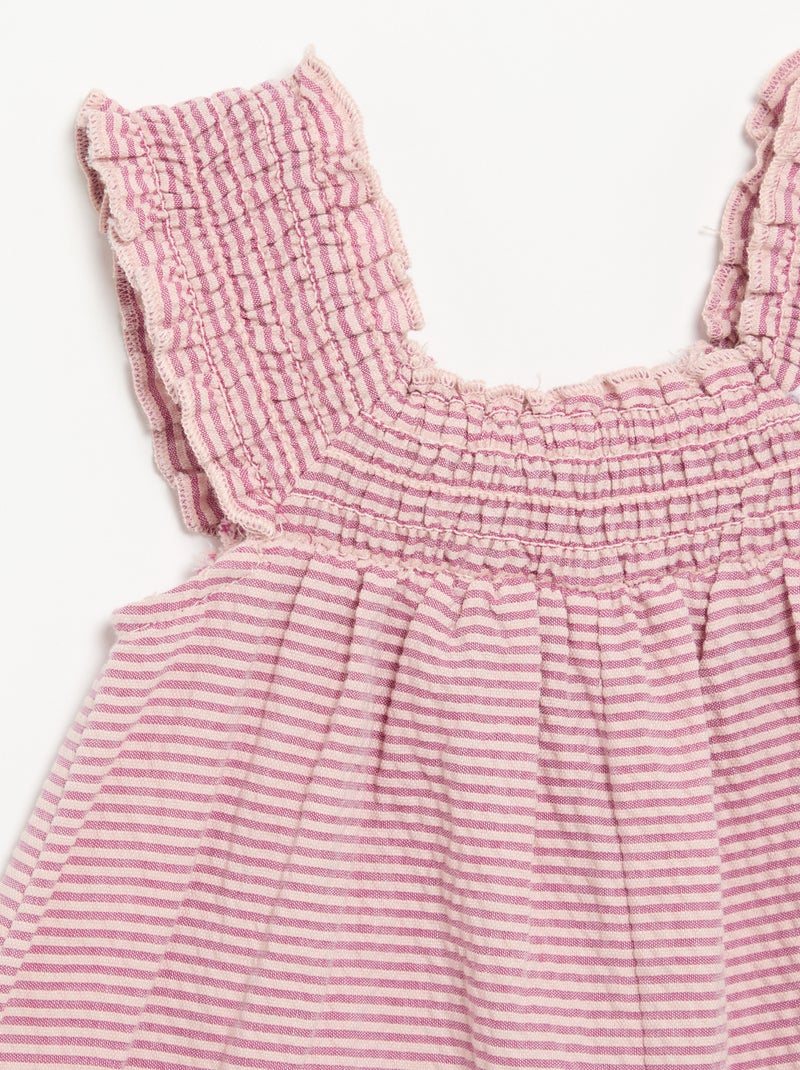 Combinaison short rayée en seersucker avec smock et broderies Violet - Kiabi