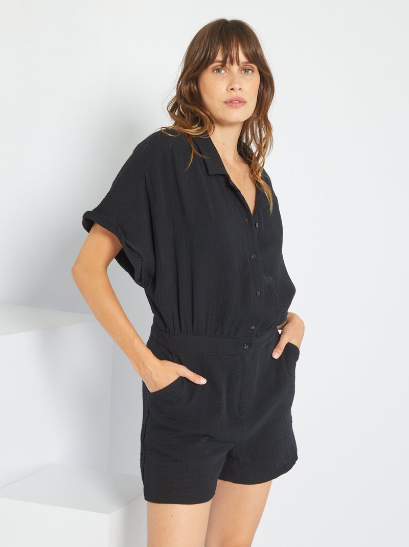 Combishort en gaze de coton col chemise noir - Kiabi