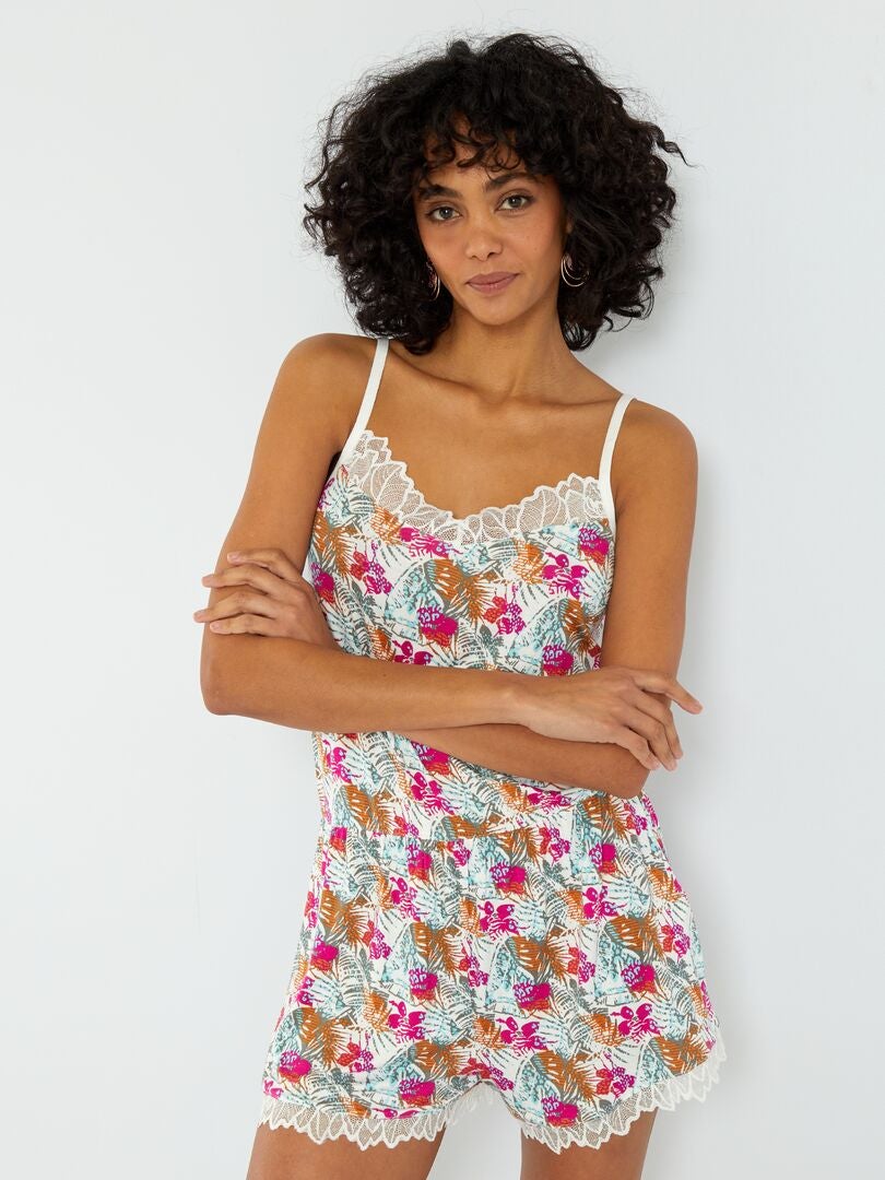 Combinaison (lingerie) Vintage Années 50 En Coton Gratté - Imprimé Fleurs Brodé - Taille 36