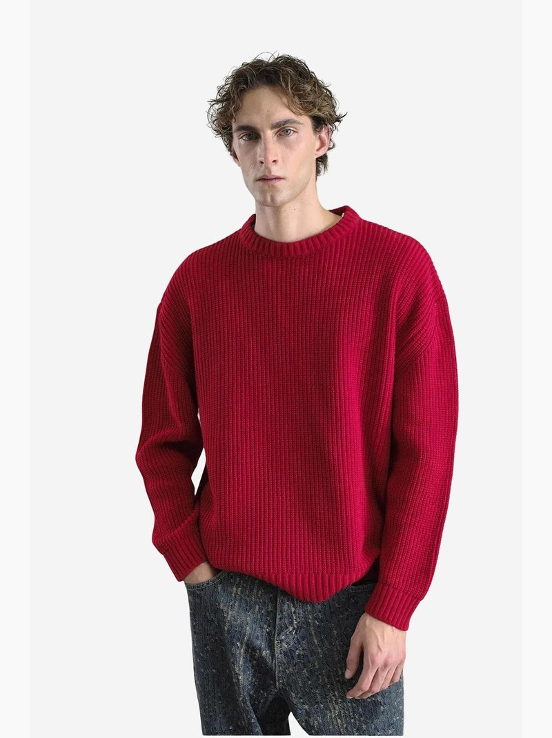Comfort fit geribde gebreide trui met ronde hals giesto Rood - Kiabi