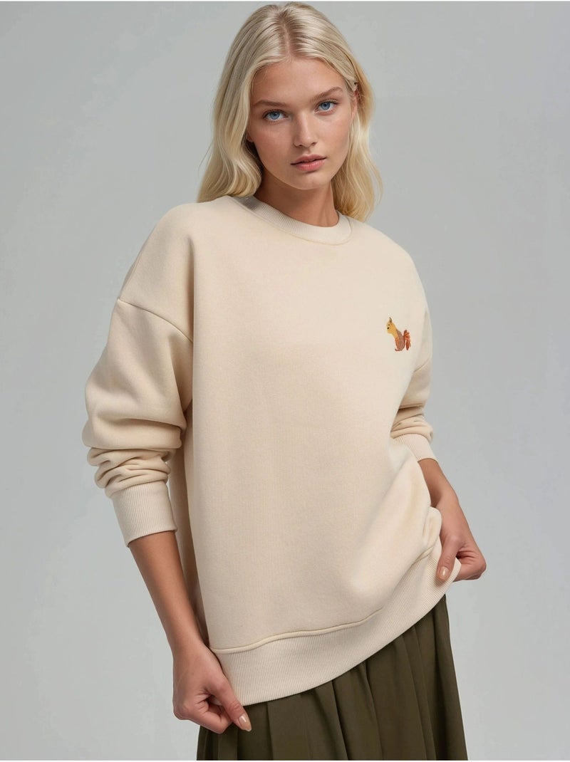 Comfort sweatshirt met ronde hals met verhoogd geborduurd dierenpatroon hiccup Crème - Kiabi