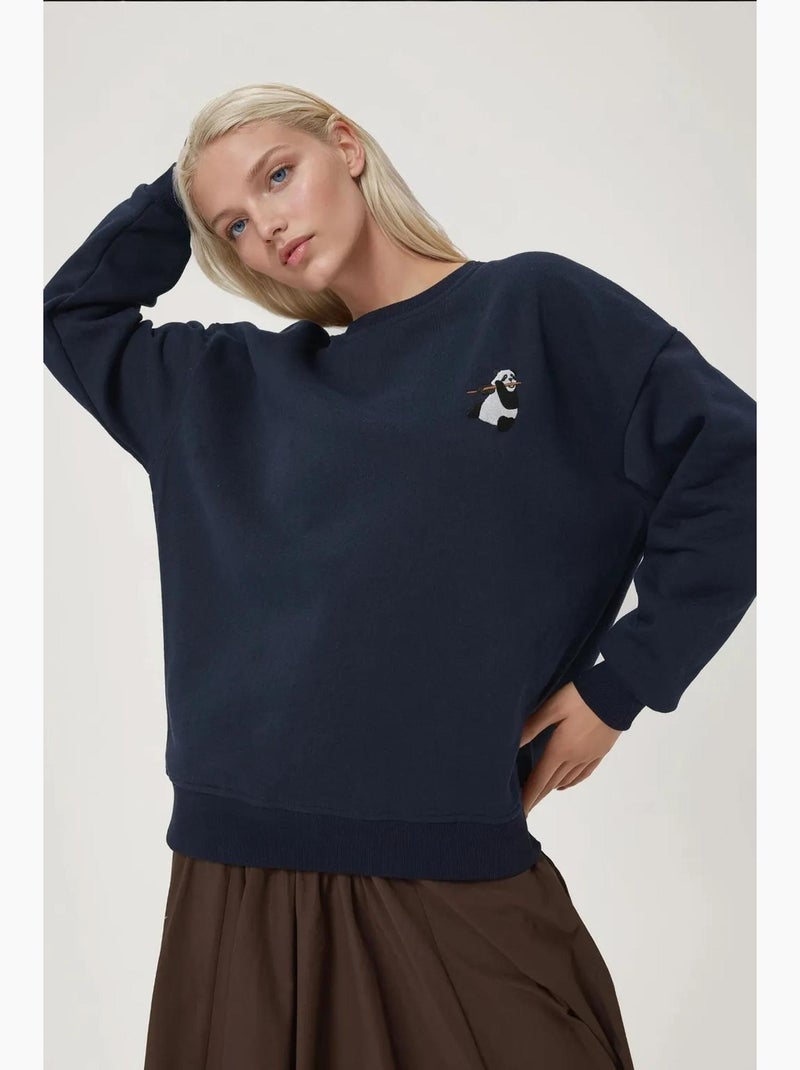 Comfort sweatshirt met ronde hals met verhoogd geborduurd dierenpatroon hiccup Donkerblauw - Kiabi