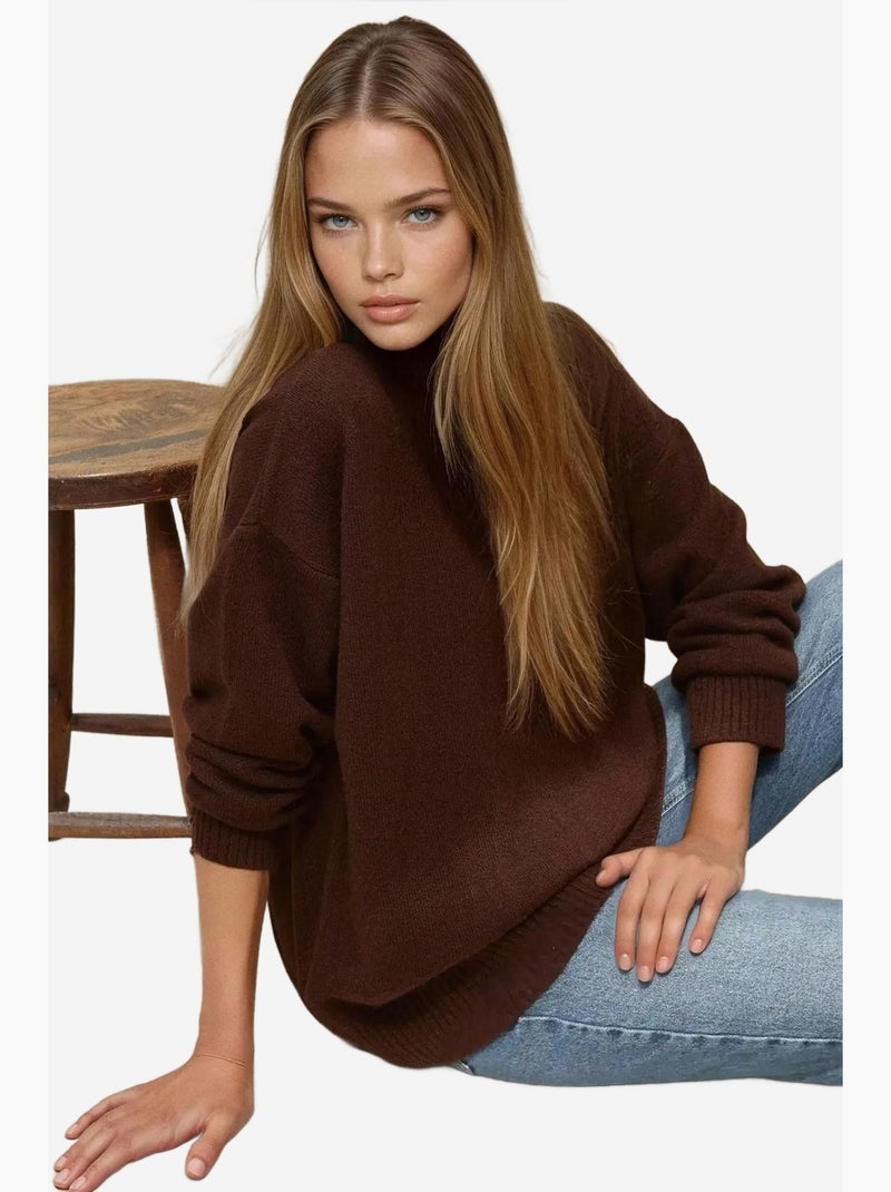 Comfortabele gebreide trui met ronde hals hiccup Hazelnootbruin - Kiabi