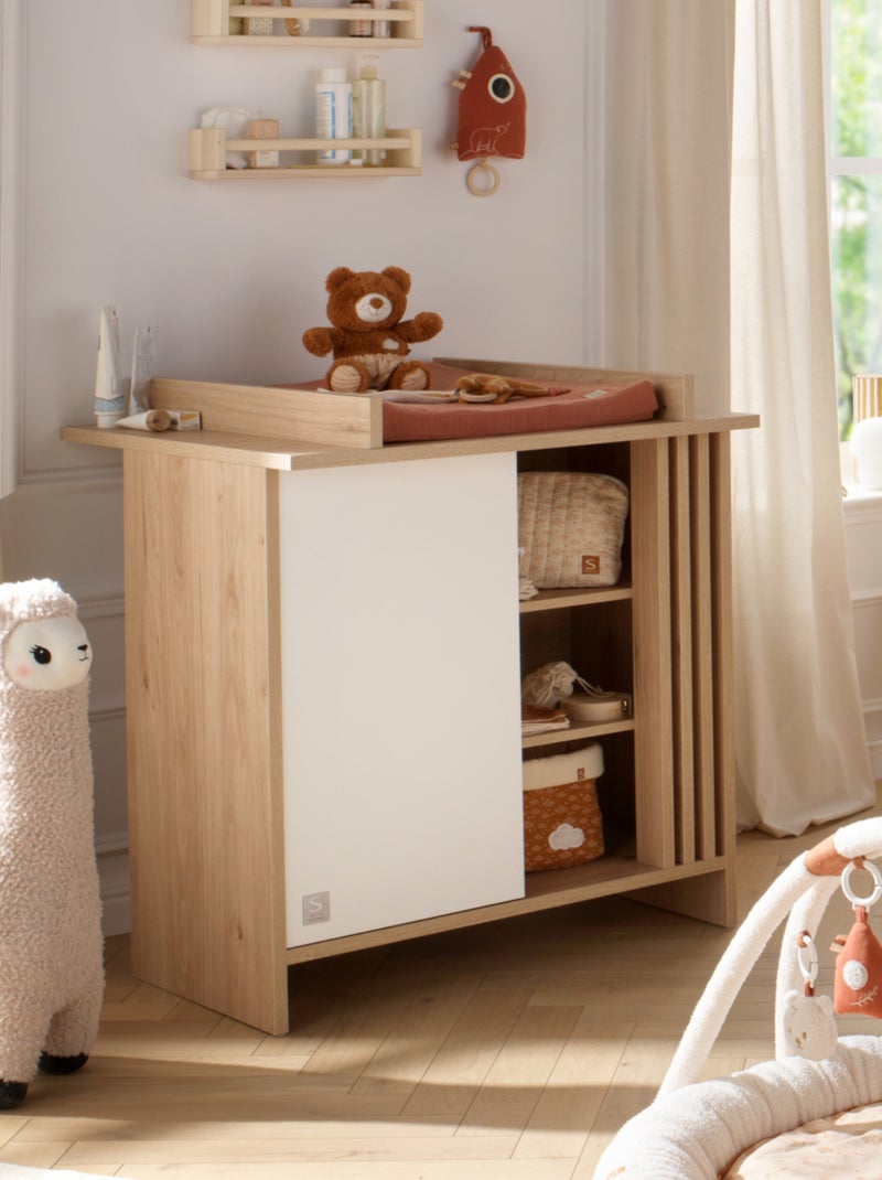 Commode 1 porte colorée et 3 niches avec claustra en bois décor chêne suave - sauthon Blanc Marron - Kiabi