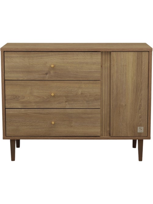 Commode 3 tiroirs et 1 porte avec détail imitation bois texturé et pieds bois - sauthon - Kiabi Commode 3 tiroirs et 1 porte avec détail imitation bois texturé et pieds bois - sauthon - Kiabi