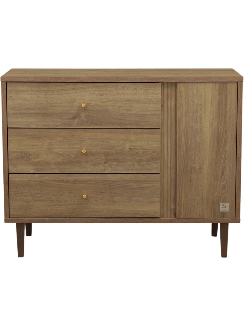 Commode 3 tiroirs et 1 porte avec détail imitation bois texturé et pieds bois - sauthon Marron - Kiabi