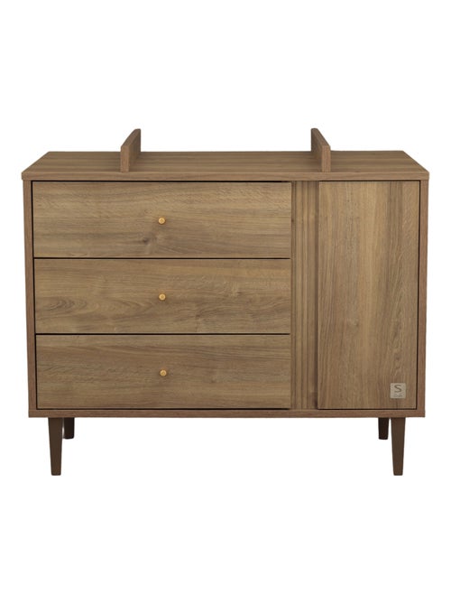 Commode 3 tiroirs et 1 porte avec détail imitation bois texturé et pieds bois - sauthon - Kiabi Commode 3 tiroirs et 1 porte avec détail imitation bois texturé et pieds bois - sauthon - Kiabi