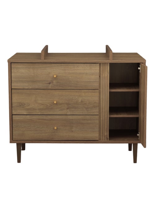 Commode 3 tiroirs et 1 porte avec détail imitation bois texturé et pieds bois - sauthon - Kiabi Commode 3 tiroirs et 1 porte avec détail imitation bois texturé et pieds bois - sauthon - Kiabi