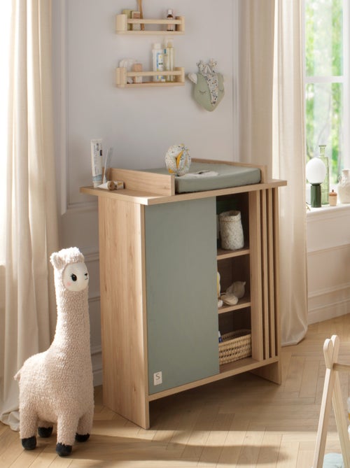 Commode met 1 gekleurde deur en 3 open vakken met houten lattenwand in zachte eik decor - Kiabi Commode met 1 gekleurde deur en 3 open vakken met houten lattenwand in zachte eik decor - Kiabi