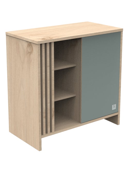 Commode met 1 gekleurde deur en 3 open vakken met houten lattenwand in zachte eik decor - Kiabi Commode met 1 gekleurde deur en 3 open vakken met houten lattenwand in zachte eik decor - Kiabi