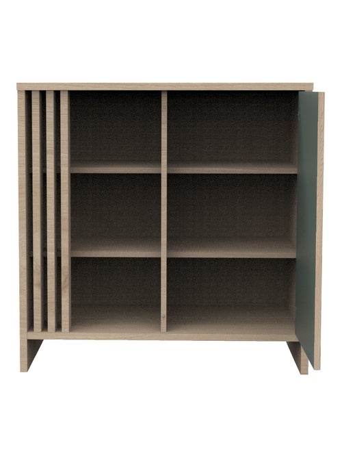 Commode met 1 gekleurde deur en 3 open vakken met houten lattenwand in zachte eik decor - Kiabi Commode met 1 gekleurde deur en 3 open vakken met houten lattenwand in zachte eik decor - Kiabi